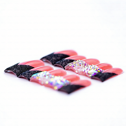 Crimson Noir – Pink & Black Glitter Long Duck Press-Ons with Crystal Accents