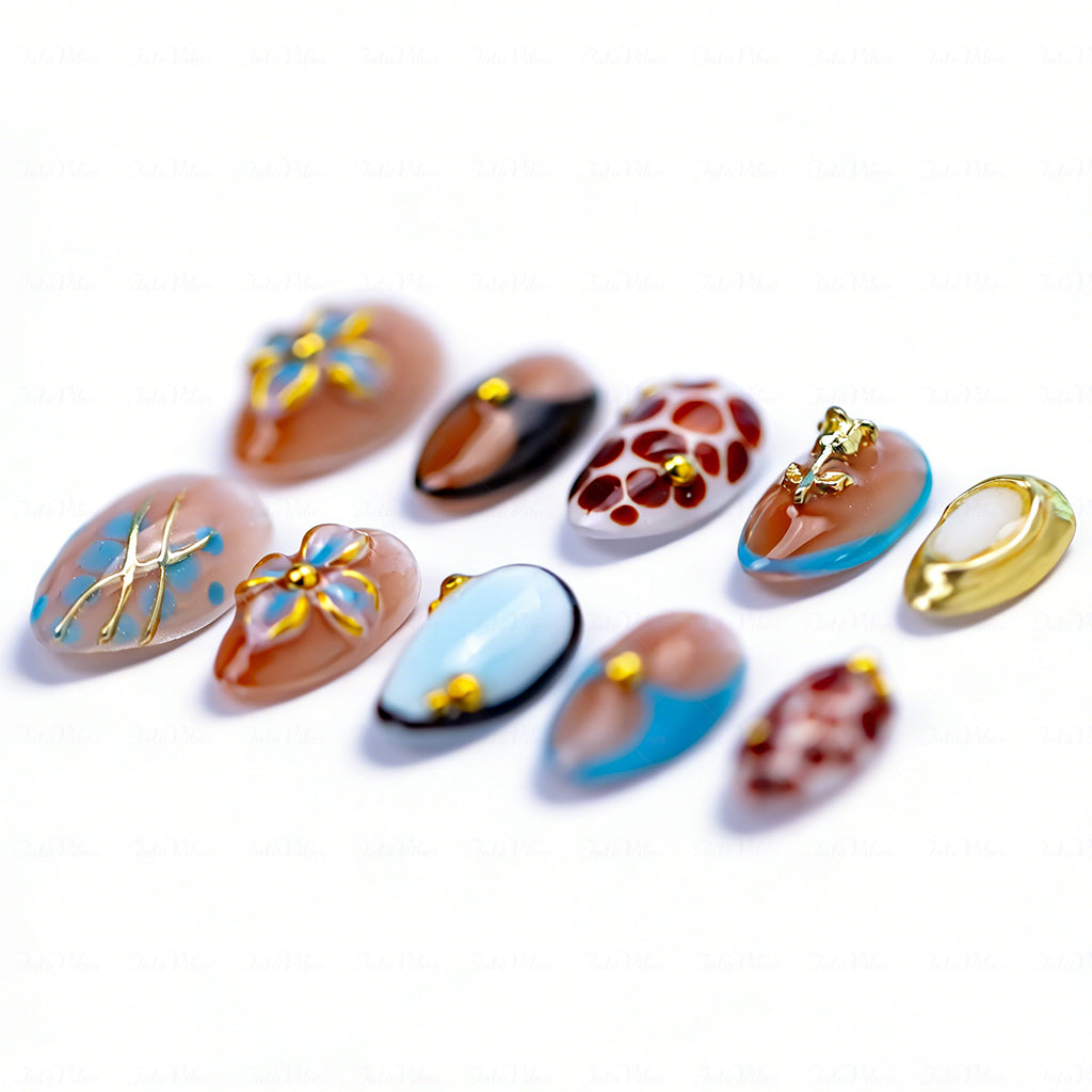 Caramel Retro Boho – Brown & Blue Medium Almond Press-Ons with 3D Flower & Gold Charms