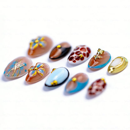 Caramel Retro Boho – Brown & Blue Medium Almond Press-Ons with 3D Flower & Gold Charms
