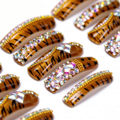Tiger Glitz-Caramel Brown Long Downward Curved Press-Ons with Tiger Print & Rhinestone Accents
