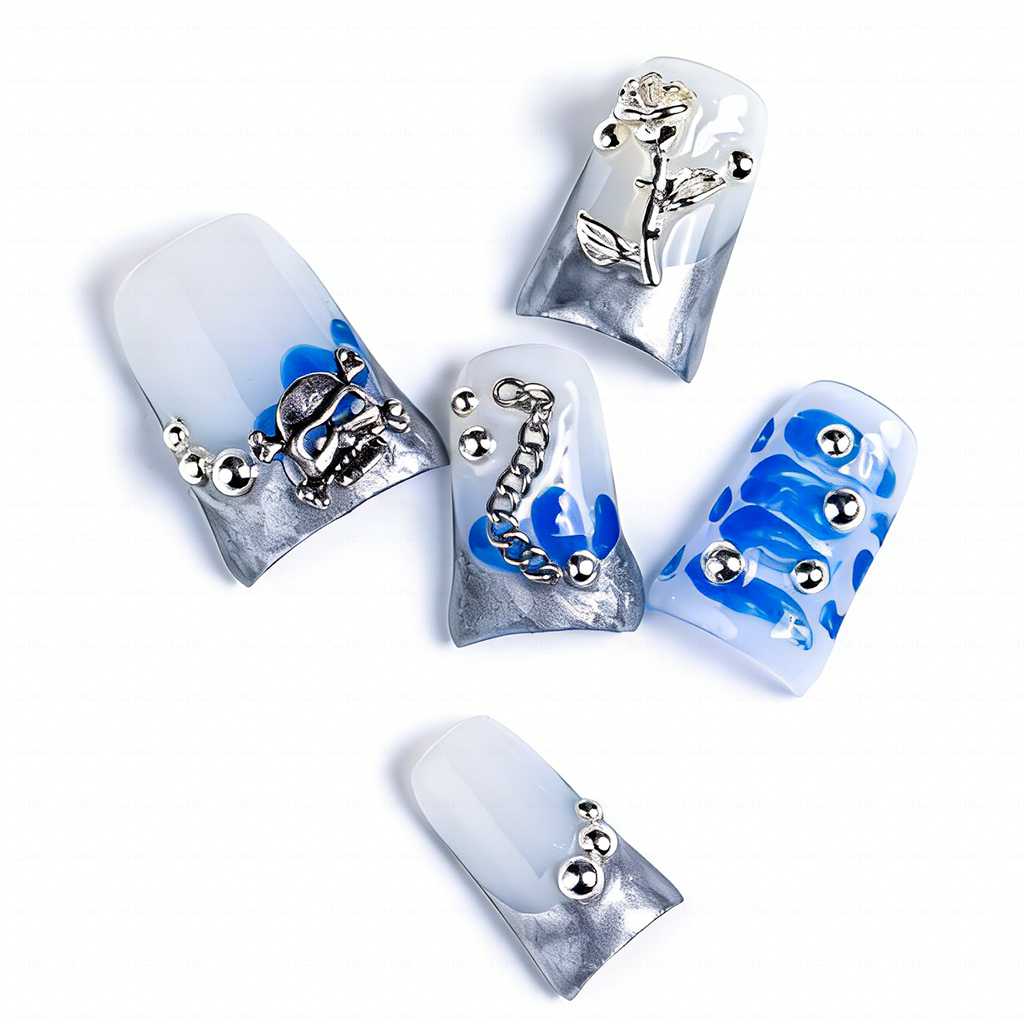 Chrome Vortex – Blue & Silver Short Duck Press-Ons with 3D Chain & Metal Accents