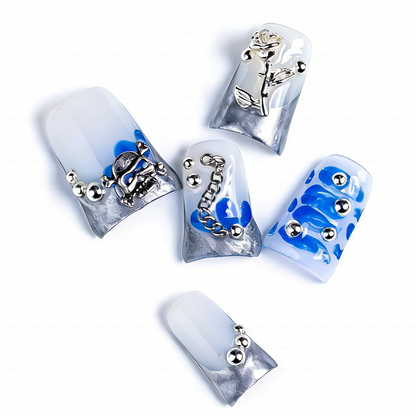Chrome Vortex – Blue & Silver Short Duck Press-Ons with 3D Chain & Metal Accents