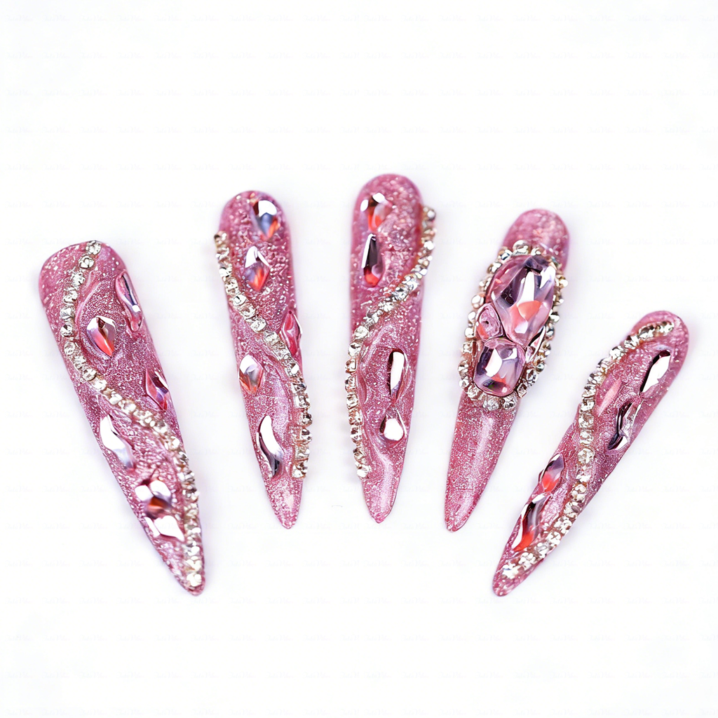 Pink Glitz Twist – Glitter Pink Stiletto Press-Ons with Rhinestone Swirls