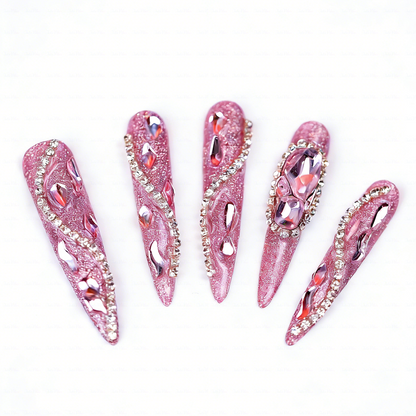 Pink Glitz Twist – Glitter Pink Stiletto Press-Ons with Rhinestone Swirls