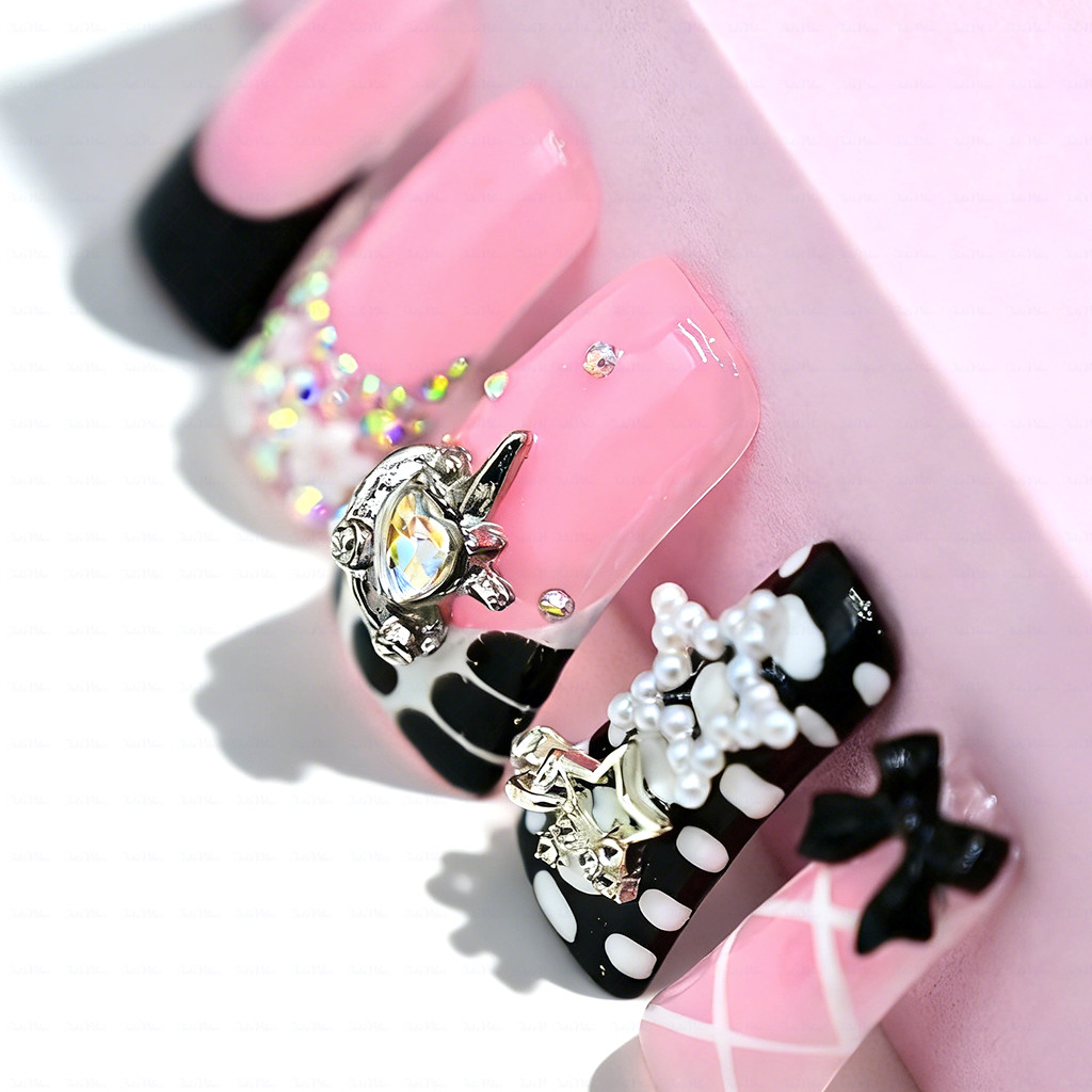 Sugar Bite – Sweet Pink Long Duck Press-Ons  with Pearl Bow & Rhinestone Charm