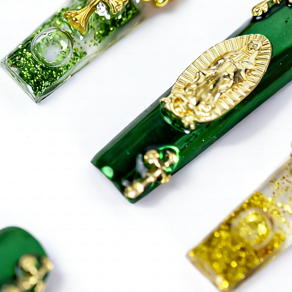 Sacred Green-Emerald & White Long Square Water Press-Ons with Gold Virgin Mary & Cross Charms
