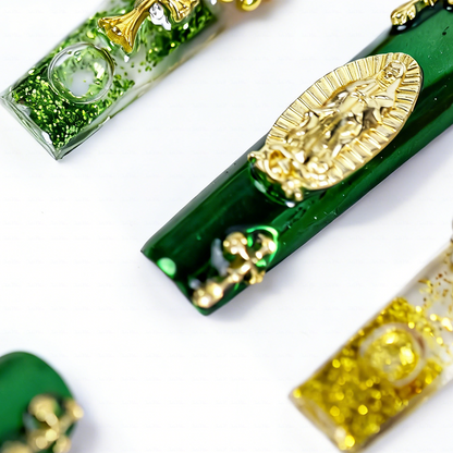 Sacred Green-Emerald & White Long Square Water Press-Ons with Gold Virgin Mary & Cross Charms