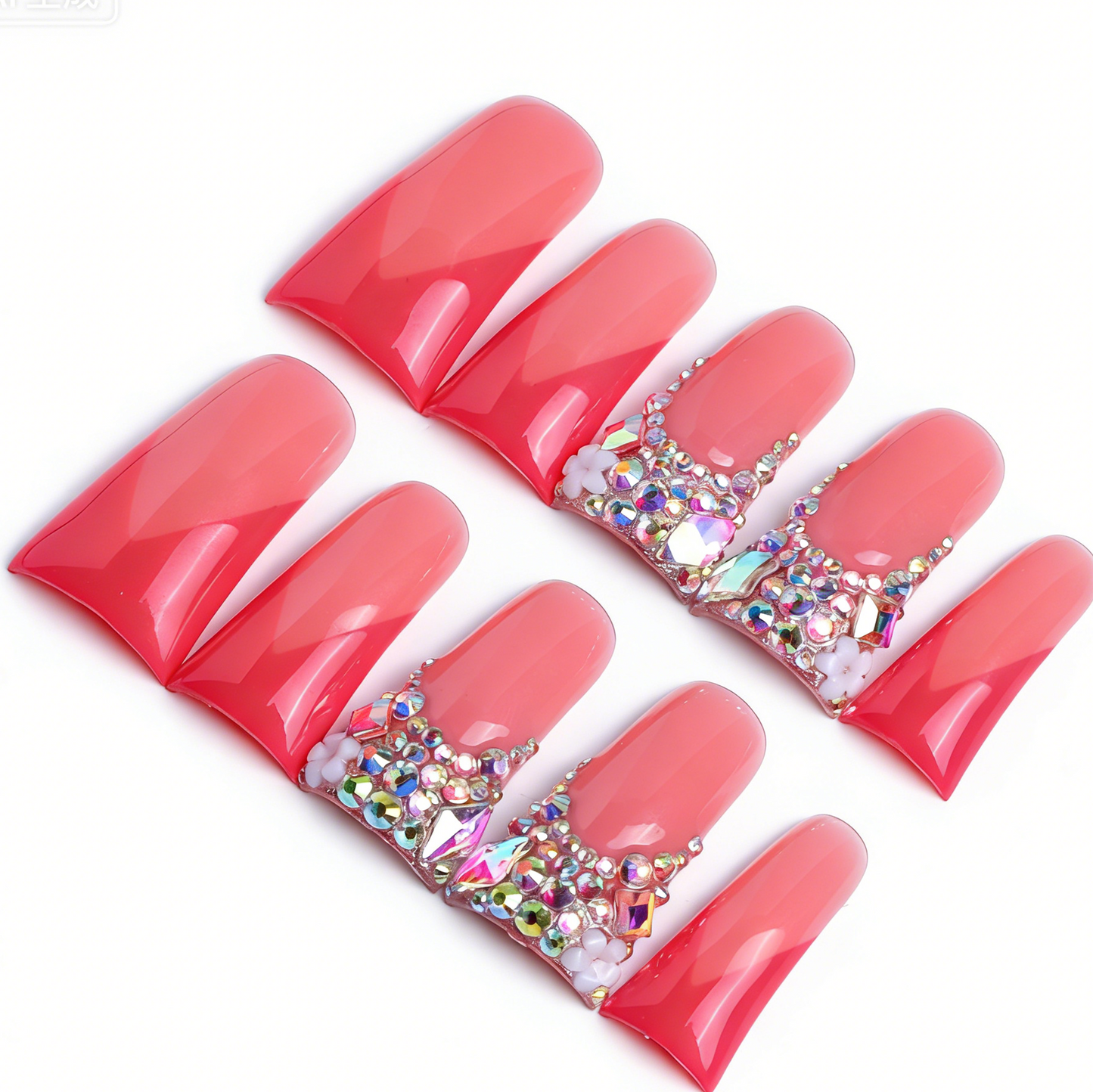 Coral Ombre Bling  Pink & Red Long Duck Press-Ons with Iridescent Rhinestone Accents