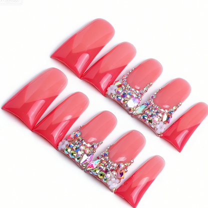Coral Ombre Bling  Pink & Red Long Duck Press-Ons with Iridescent Rhinestone Accents