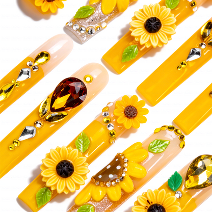 Sunflower Glow-Bright Yellow Long Square Press-Ons with 3D Sunflower & Gem Accents