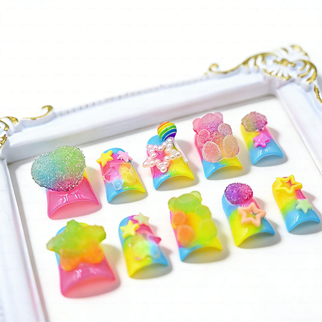 Candy Pop – Neon Rainbow Short Duck Press-Ons with 3D Gummy Bear & Lollipop Charms