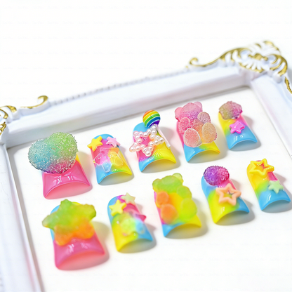 Candy Pop – Neon Rainbow Short Duck Press-Ons with 3D Gummy Bear & Lollipop Charms