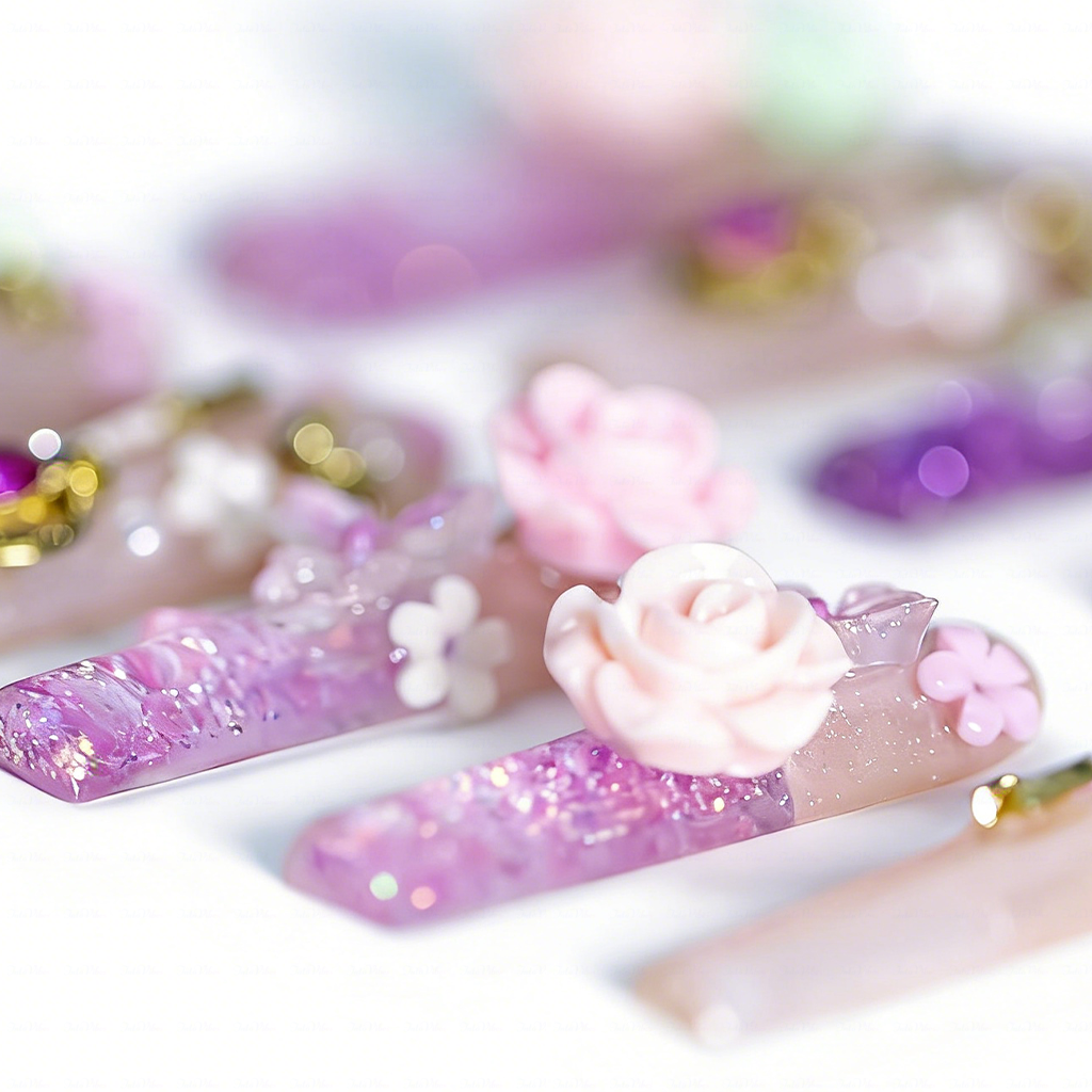 Rose Fairy  Nude & Purple Long Square Water Press-Ons with 3D Rose & Butterfly Charms