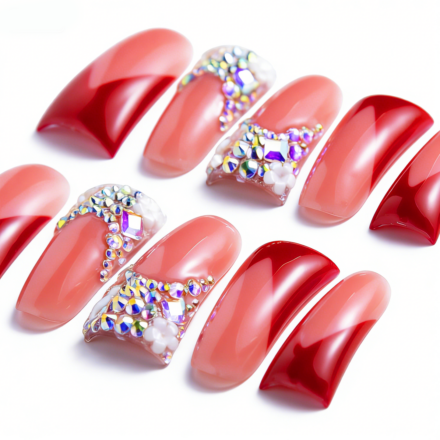 Ruby V French  Nude & Red Long Duck Press-Ons with Iridescent Rhinestone Accents