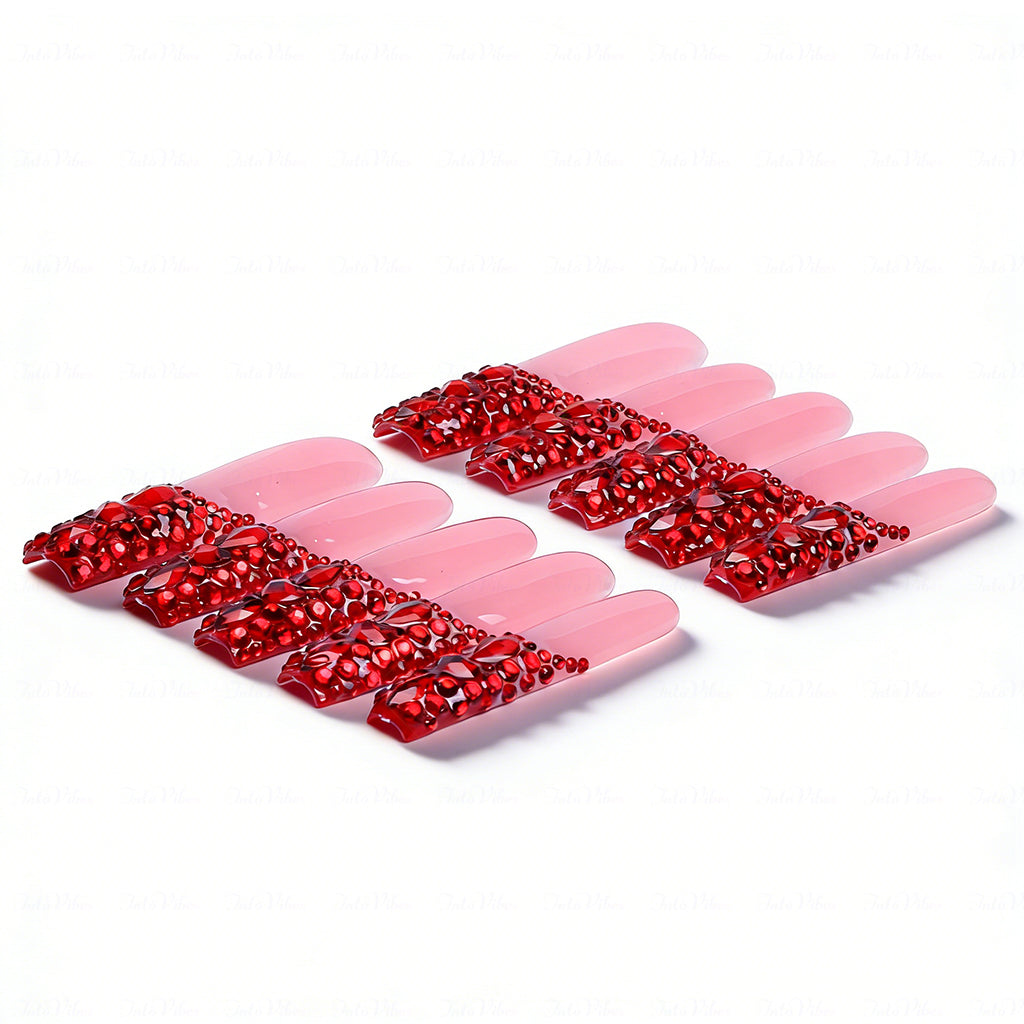 Ruby Red Bling – Nude & Red Long Square Press-Ons with Full Red Rhinestone Accents