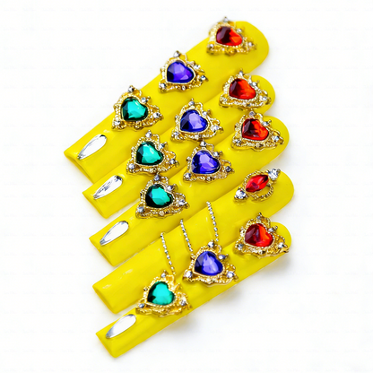 Sunset Heart – Neon Yellow Long Square Press-Ons with Rainbow Crystal Hearts