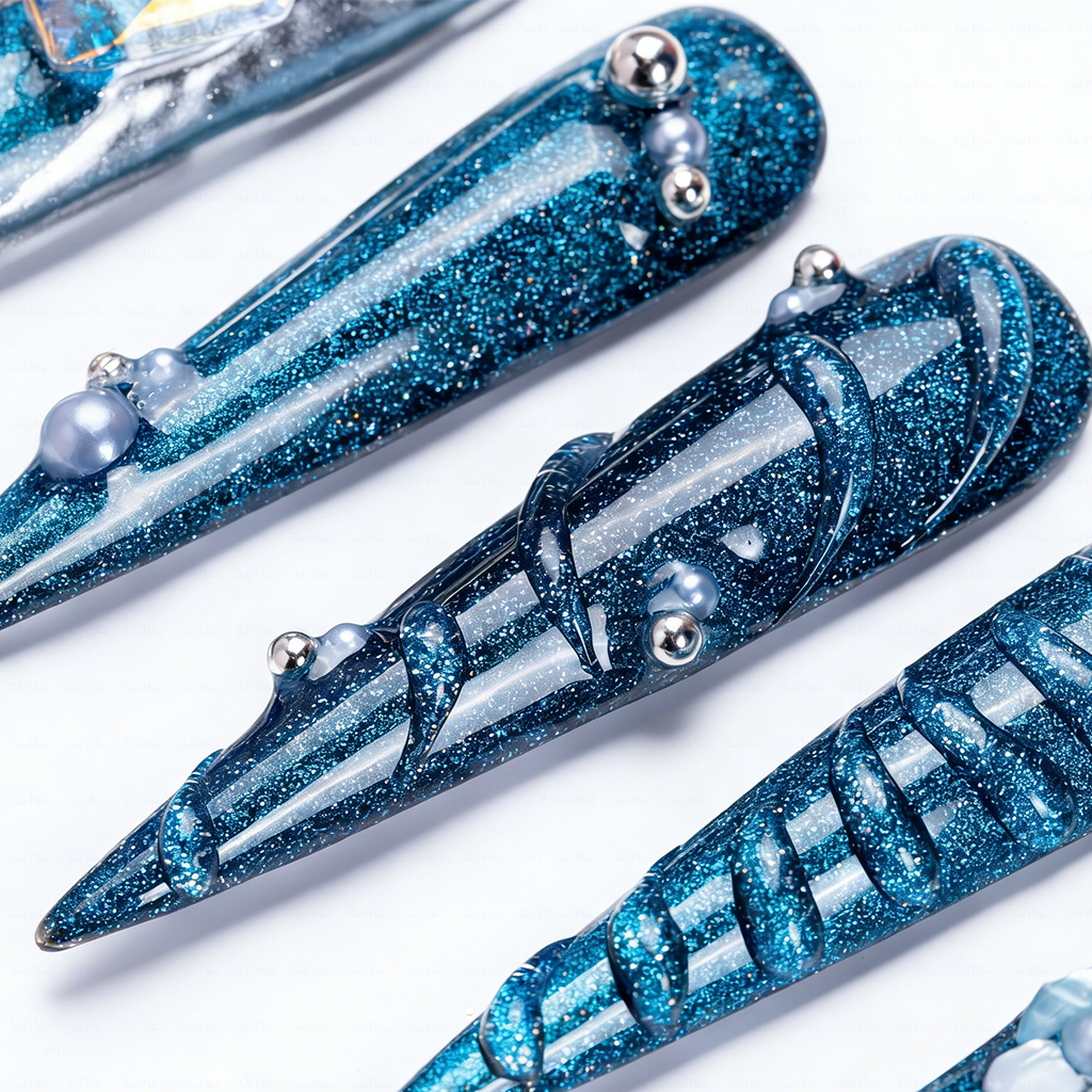 Ocean Chrome – Teal & Silver Stiletto Press-Ons with Crystal Accents