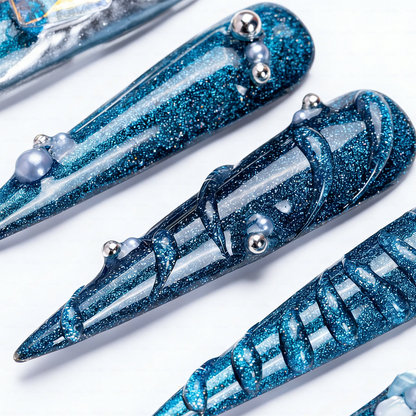 Ocean Chrome – Teal & Silver Stiletto Press-Ons with Crystal Accents
