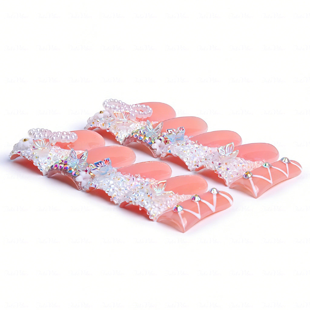 Bridal Lace Bow  Nude & White Long Duck Press-Ons with Pearl Bow & Butterfly Charms
