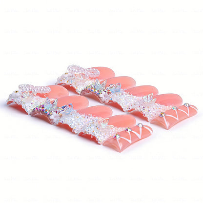 Bridal Lace Bow  Nude & White Long Duck Press-Ons with Pearl Bow & Butterfly Charms