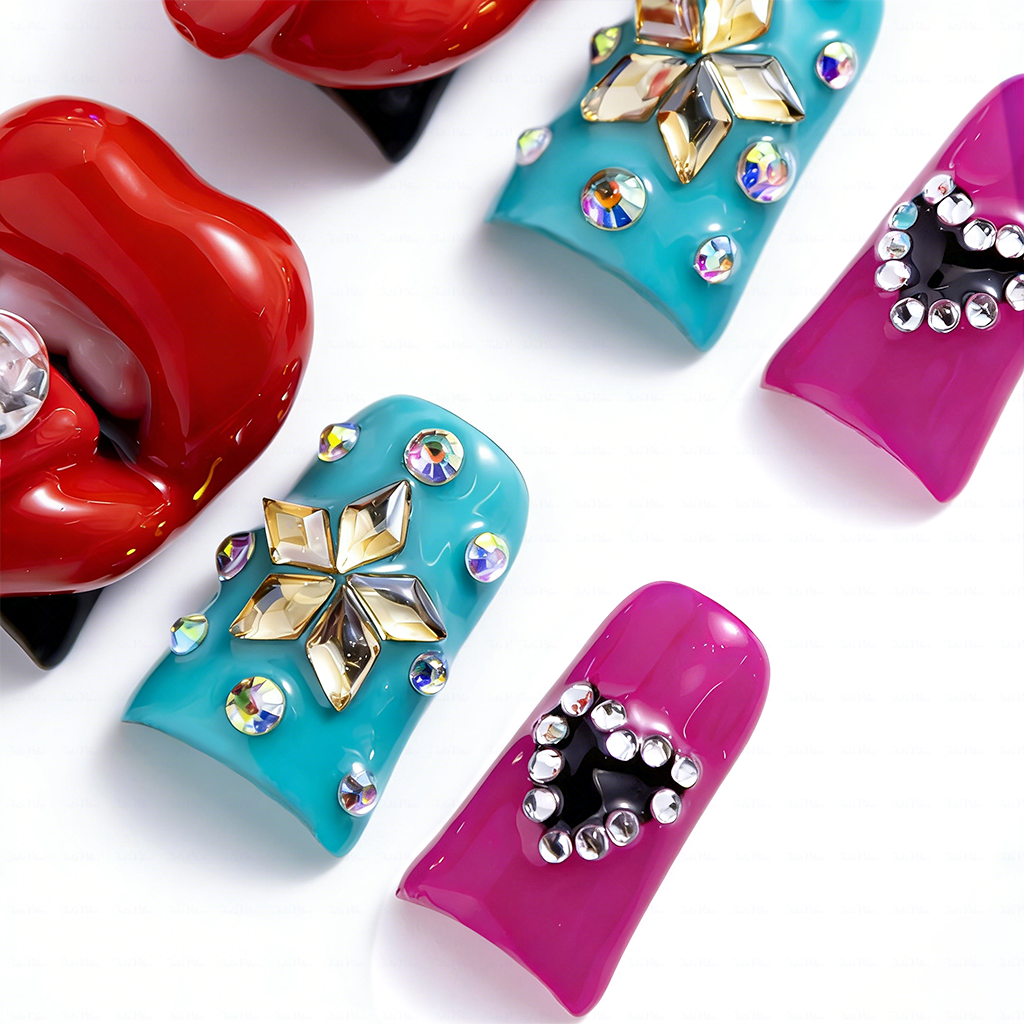 Diva Pout – Bold Multi-Color Short Duck Press-Ons with 3D Lip & Rhinestone Charms