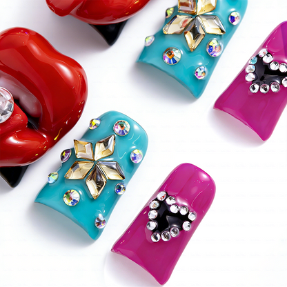 Diva Pout – Bold Multi-Color Short Duck Press-Ons with 3D Lip & Rhinestone Charms