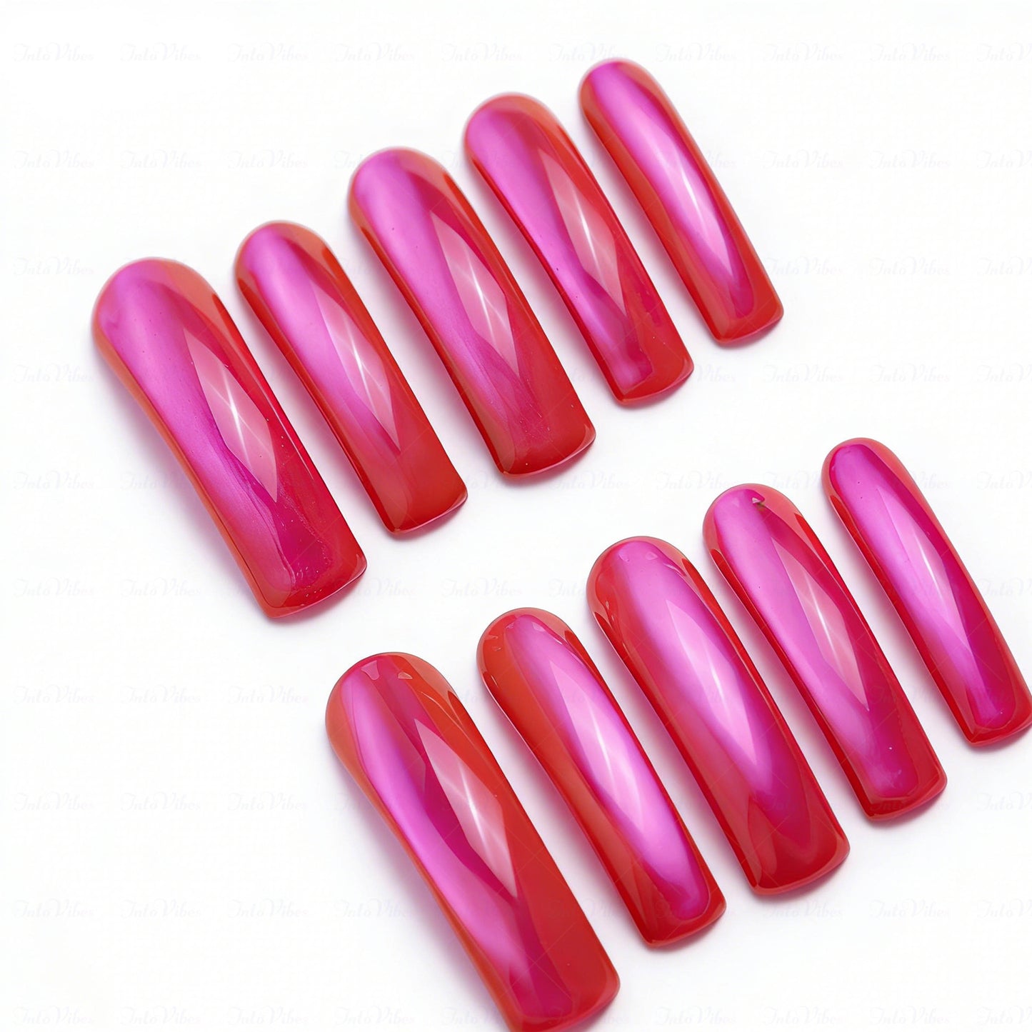 Neon Magenta Glow-Red & Pink Long Downward Curved Press-Ons with Mirror Gloss Finish