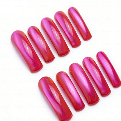 Neon Magenta Glow-Red & Pink Long Downward Curved Press-Ons with Mirror Gloss Finish