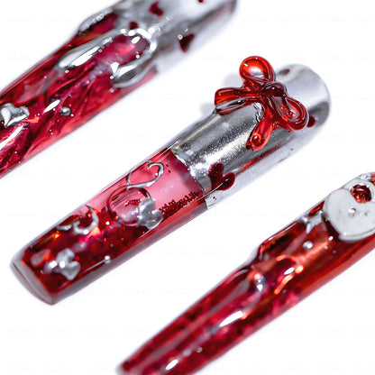 Lava Heart  Red & Silver Long Square Water Press-Ons with Metal Lava & Lock & Key Charms