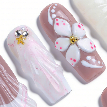 Seashell Bloom-Nude & White Medium Square Press-Ons with 3D Floral & Seashell Accents