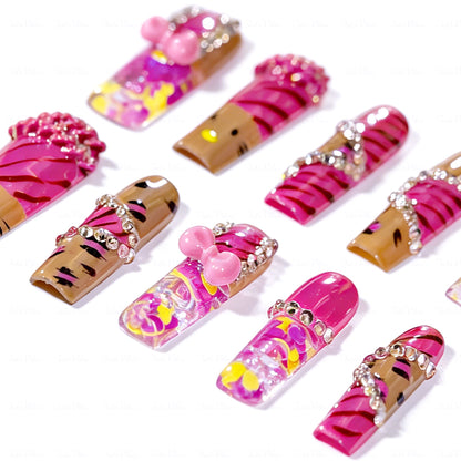 Kitty Leopard  Hot Pink & Brown Long Square Water Press-Ons with Tiger Print & 3D Bow Charms