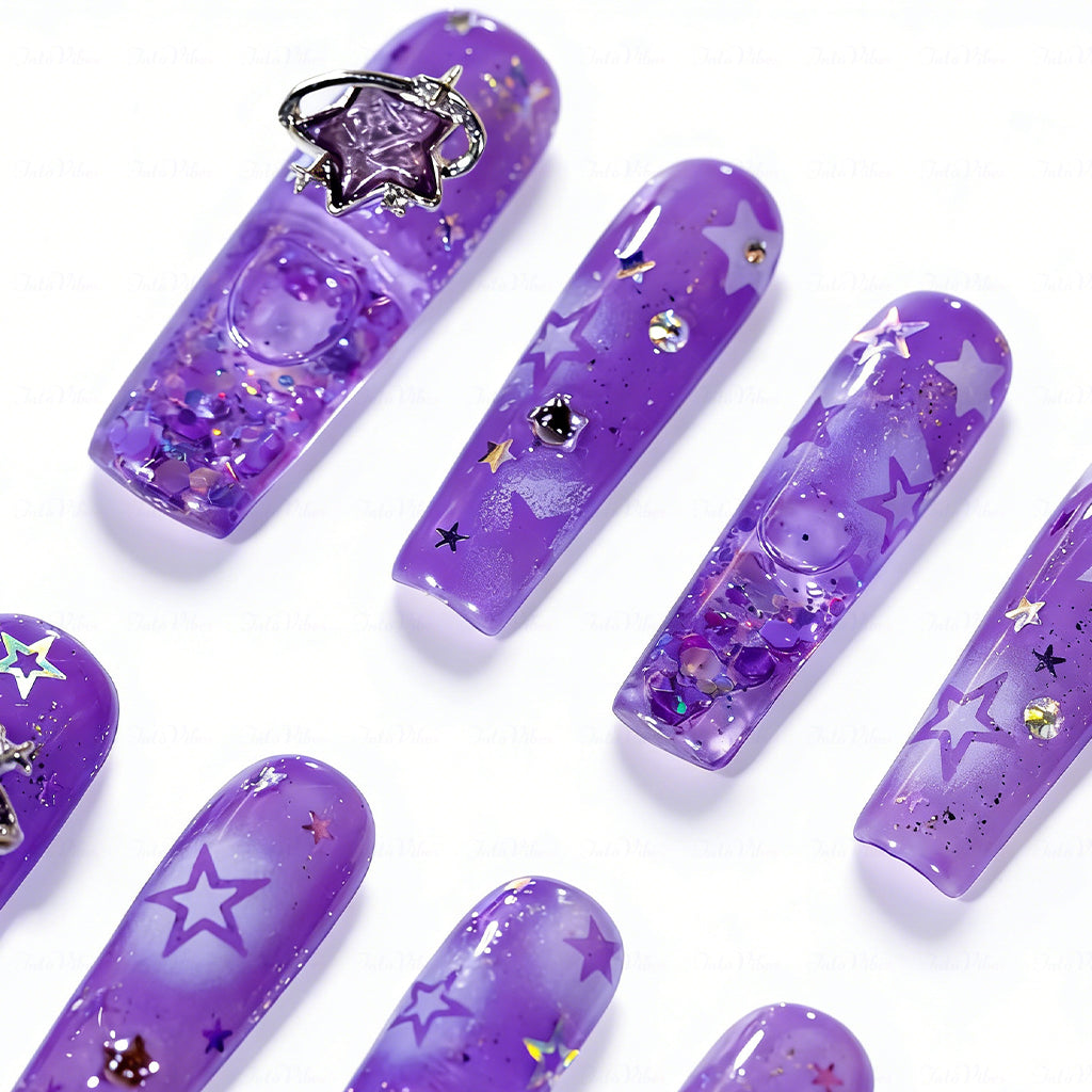 Purple Starry Quicksand  Lavender Long Square Water Press-Ons with 3D Star Charms