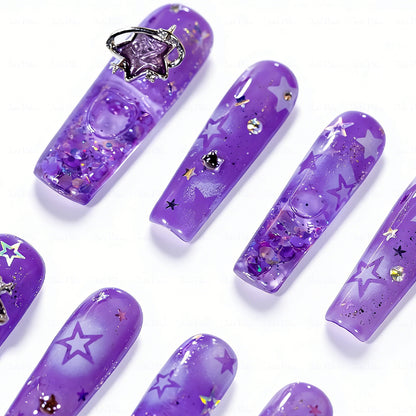 Purple Starry Quicksand  Lavender Long Square Water Press-Ons with 3D Star Charms