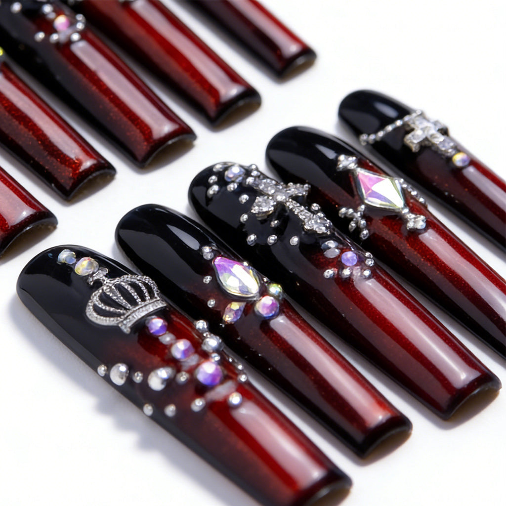 Goth Royal Black & Red Long Square Press-Ons with Crown & Cross Charms