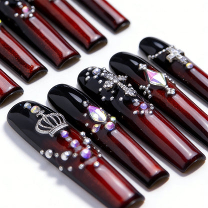 Goth Royal Black & Red Long Square Press-Ons with Crown & Cross Charms