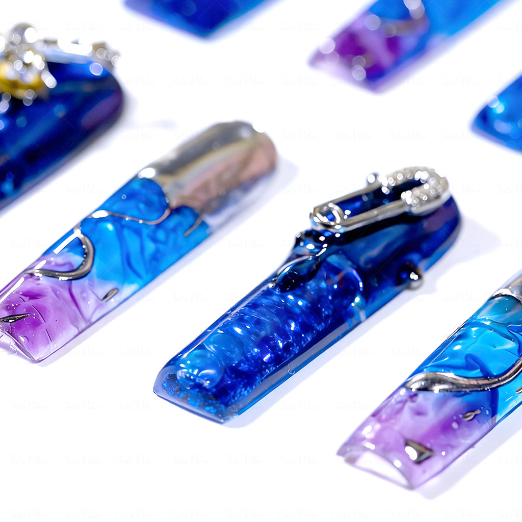 Cyber Blue Blue & Purple Long Square Water Press-Ons with Pin & Cross Charms