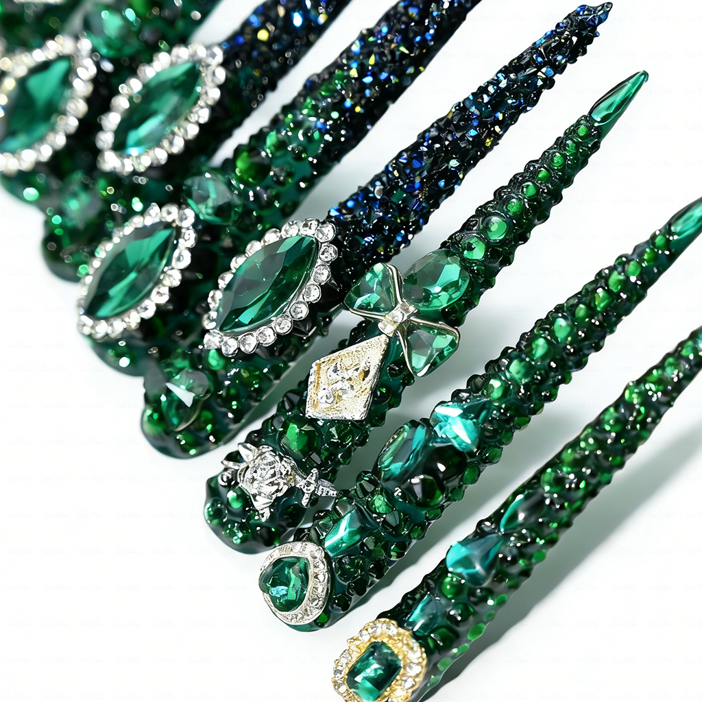 Emerald Bling-Deep Green Extra Long Stiletto Press-Ons with Full Rhinestone Encrusted Design