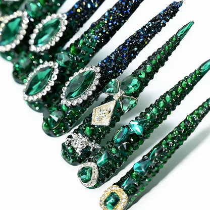 Emerald Bling-Deep Green Extra Long Stiletto Press-Ons with Full Rhinestone Encrusted Design