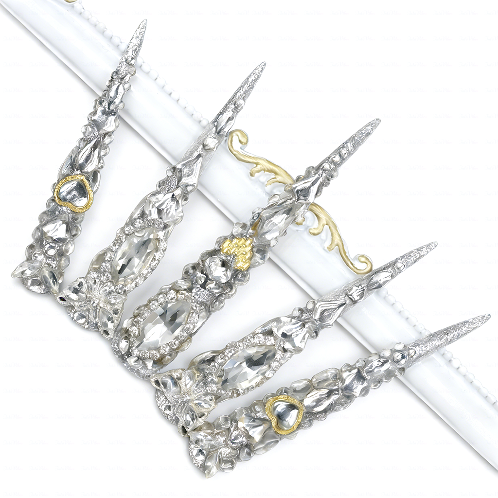 Diamond Spike – Silver Glitter Stiletto Press-Ons with Full Rhinestone Coverage