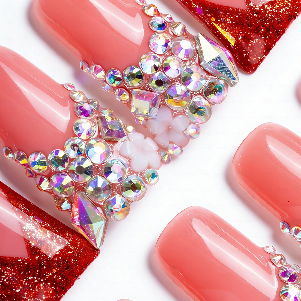 Ruby Blush – Pink & Red Glitter Long Duck Press-Ons with Iridescent Crystals