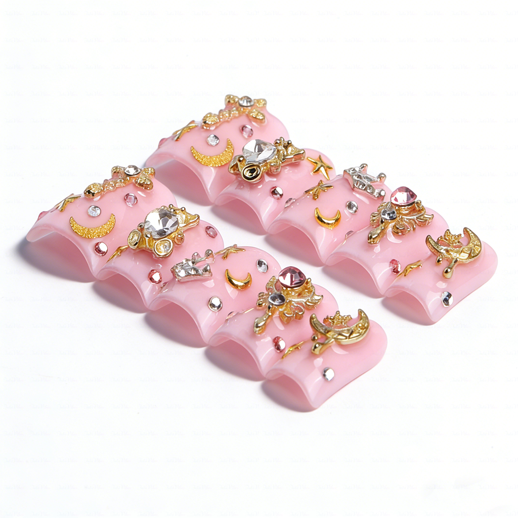 Magic Babe-Baby Pink Short Duck Press-Ons with 3D Bear & Magic Wand Charms