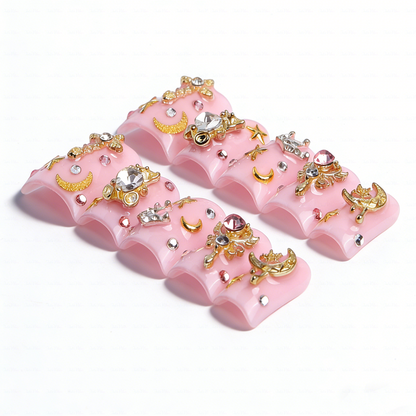 Magic Babe-Baby Pink Short Duck Press-Ons with 3D Bear & Magic Wand Charms