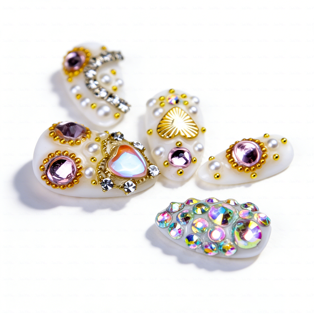 Pearl Glitz – Milky White Short Almond Press-Ons with Heart Gem & Full Rhinestone Accents