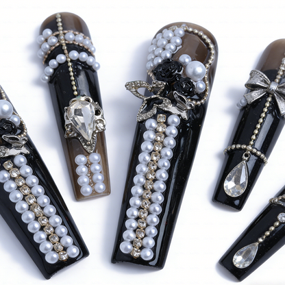Gothic Baroque-Black & Brown Long Square Press-Ons with Pearl Rose & Butterfly Charms