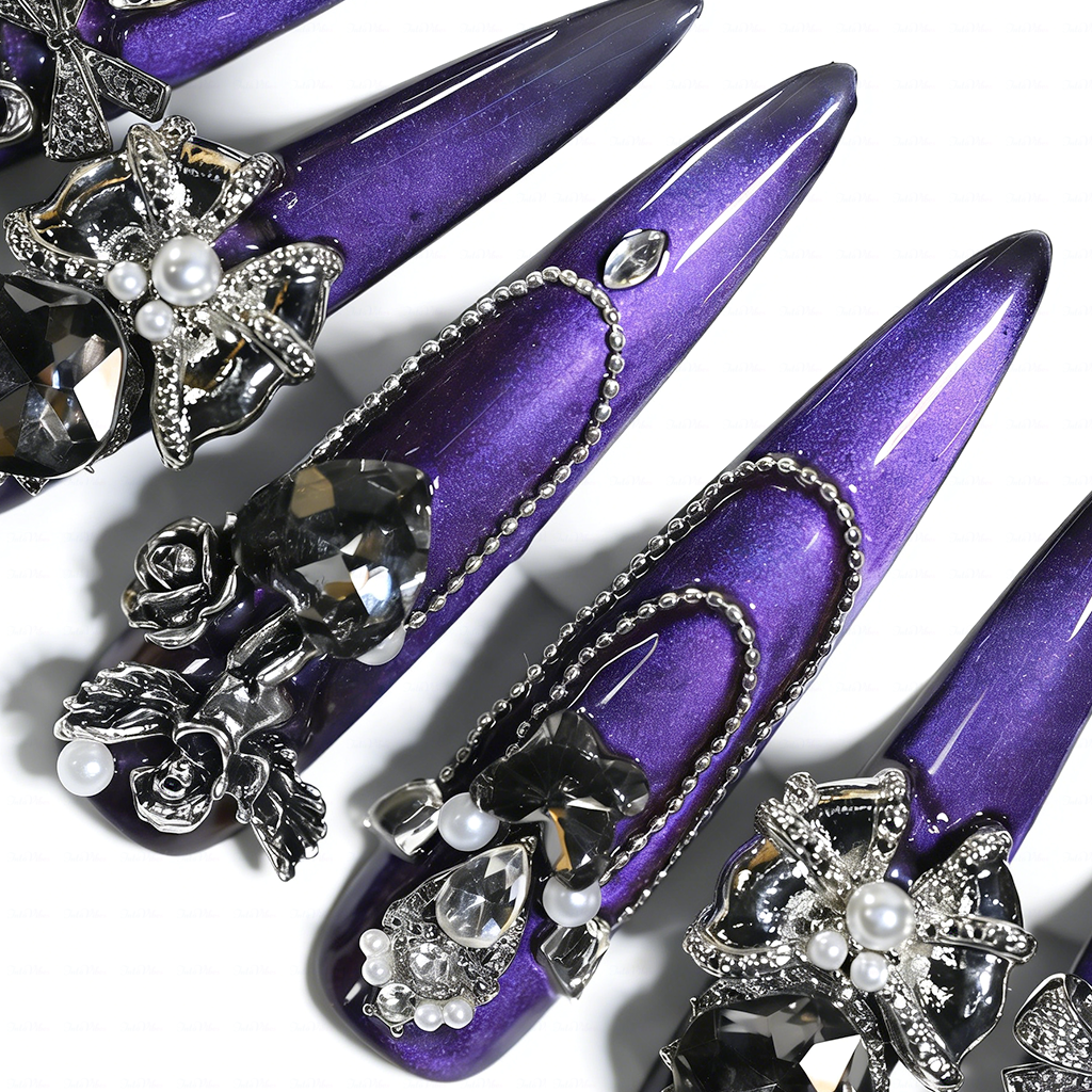 Noir Amethyst – Satin Purple Stiletto Press-Ons with Dark Crystal & Chain Charms
