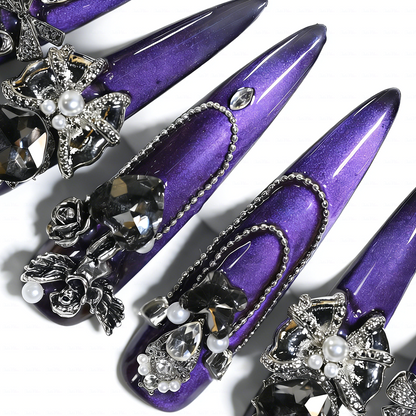 Noir Amethyst – Satin Purple Stiletto Press-Ons with Dark Crystal & Chain Charms