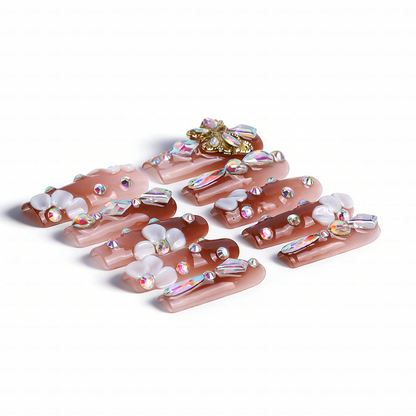 Butterfly Glow Nude Brown Medium Square Press-Ons with Gold Butterfly & Iridescent Gem Accents