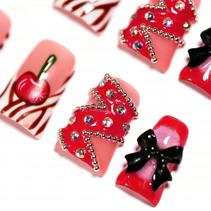 Cherry Kiss – Short Duck Press-Ons with 3D Lip & Cherry Accents