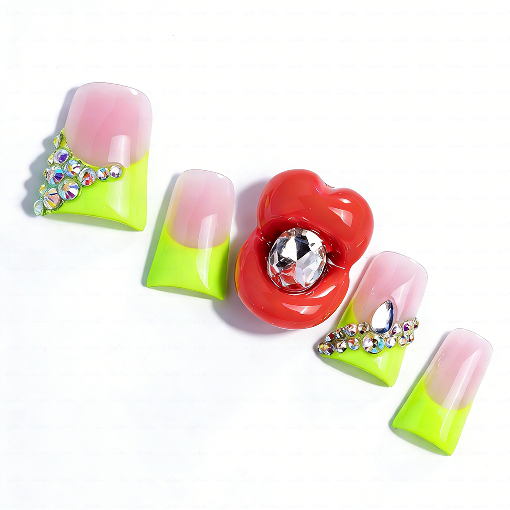 Neon Kiss – Blush Pink & Neon Green Short Duck Press-Ons with 3D Lip & Rhinestone Charms