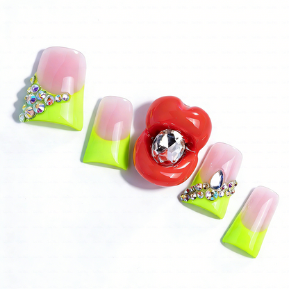 Neon Kiss – Blush Pink & Neon Green Short Duck Press-Ons with 3D Lip & Rhinestone Charms